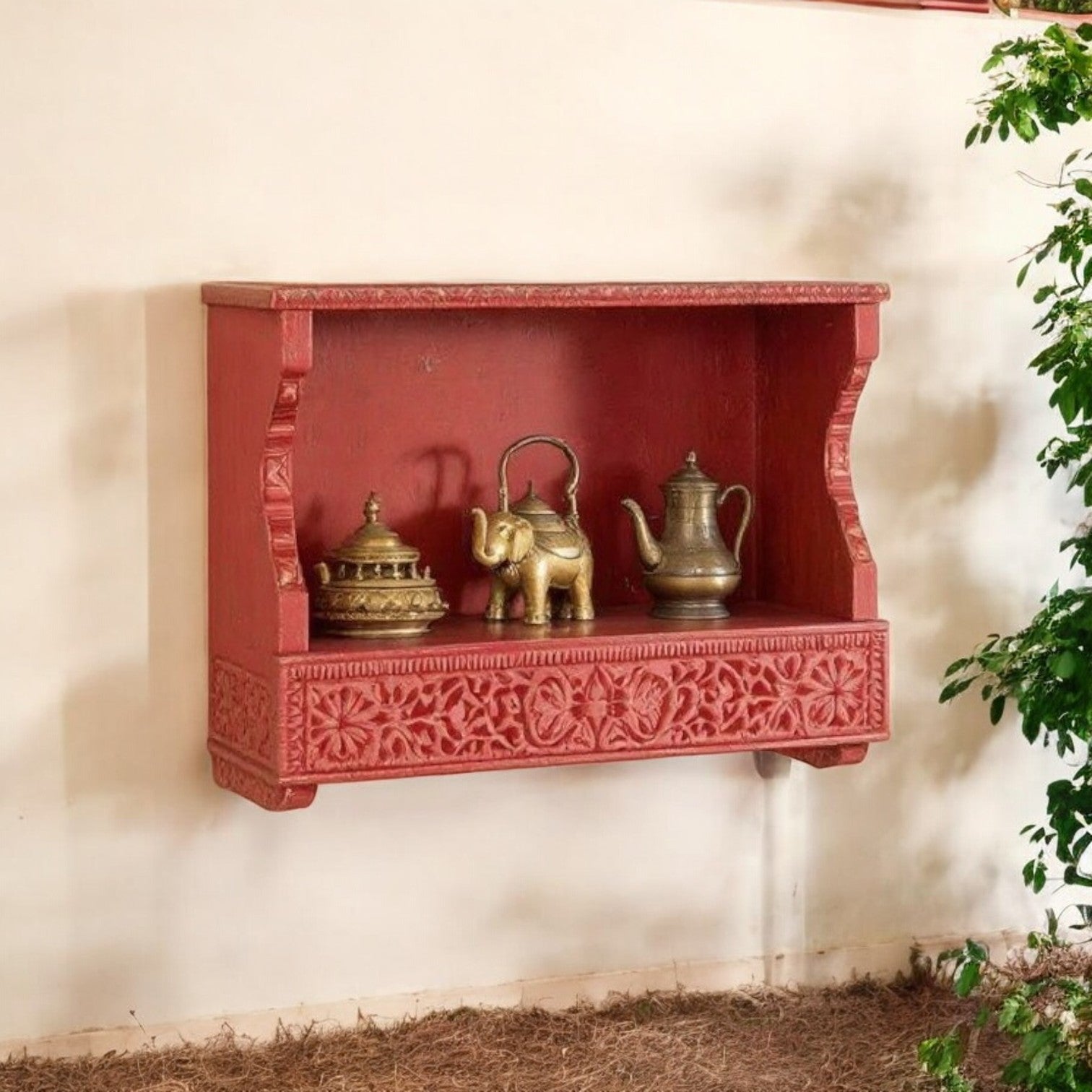 Vintage Carved Wooden Box Shelves - Antique Wall Decor, 60x20x50 cm
