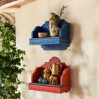 Carved Wood Temple Wall Shelves - Antique Red & Blue,  50x20x48 cm