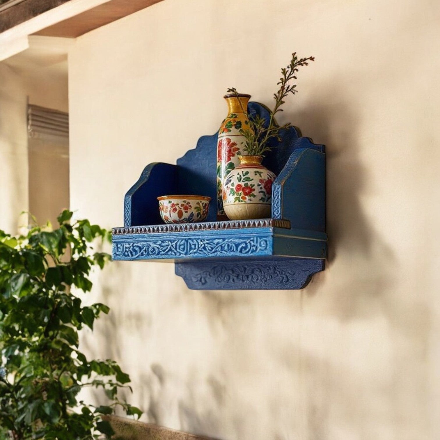 Carved Wood Temple Wall Shelves - Antique Red & Blue,  50x20x48 cm