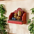 Carved Wood Temple Wall Shelves - Antique Red & Blue,  50x20x48 cm