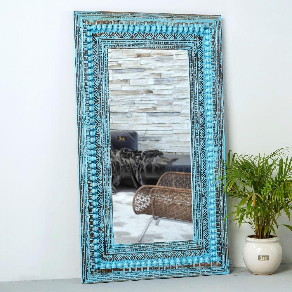 Rustic Elegance Distressed Mirror Wall Hanging | Vintage Blue Jharokha Frame
