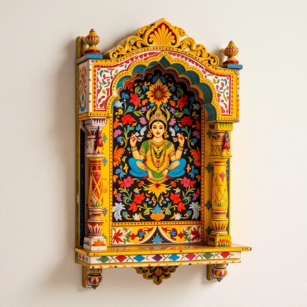Handcrafted wooden Jharokha wall shelf with intricate floral carvings and vibrant hand-painted colors.