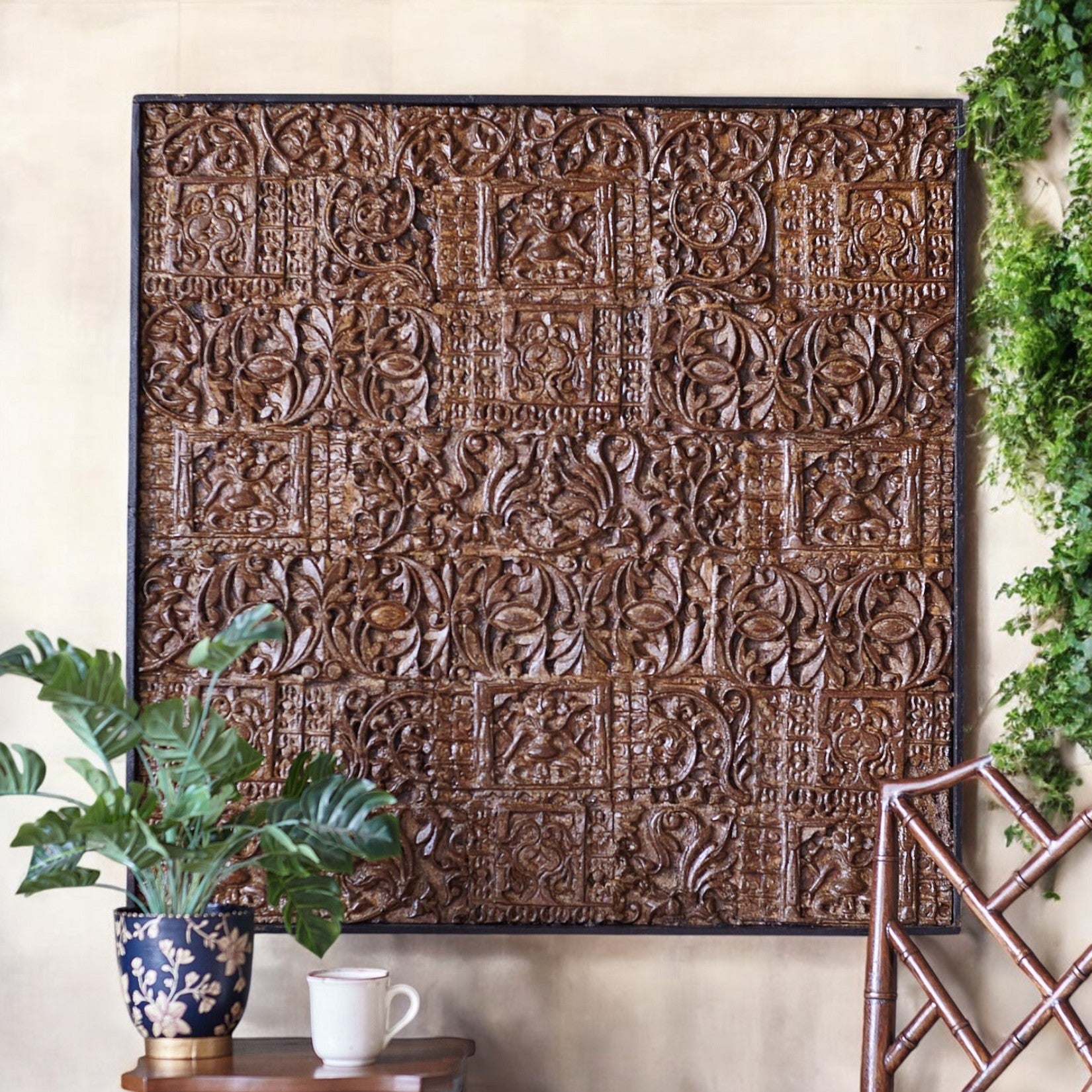 Handmade Wooden Carved Panel – Antique Wall Decor for Living Room (90x90cm) |Living Furn India
