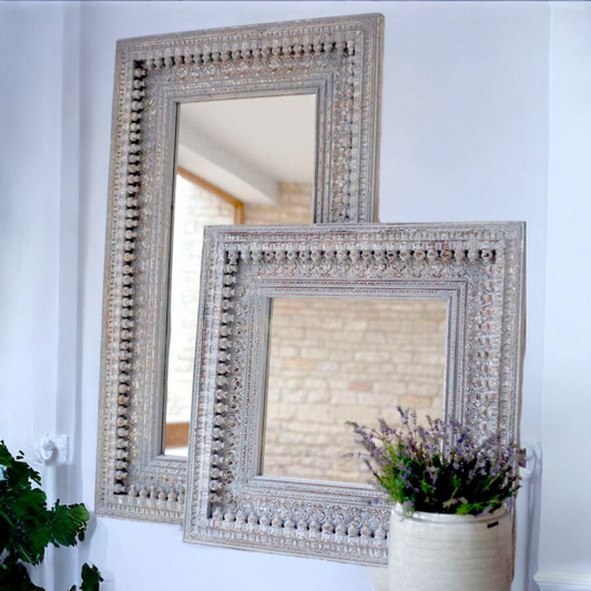 Gray Hand Carved Mirror Frame Solid Wood