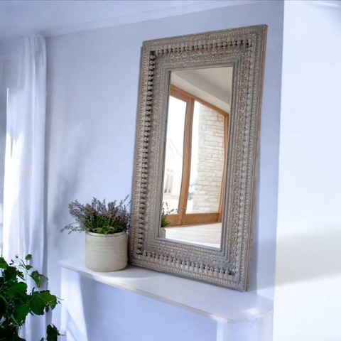 Gray Hand Carved Mirror Frame Solid Wood