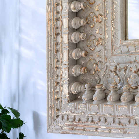 Gray Hand Carved Mirror Frame Solid Wood