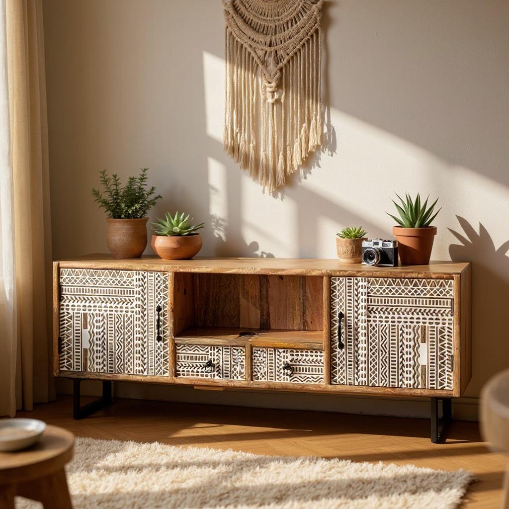 Natural Solid Wood With White Hand Carved TV Unit