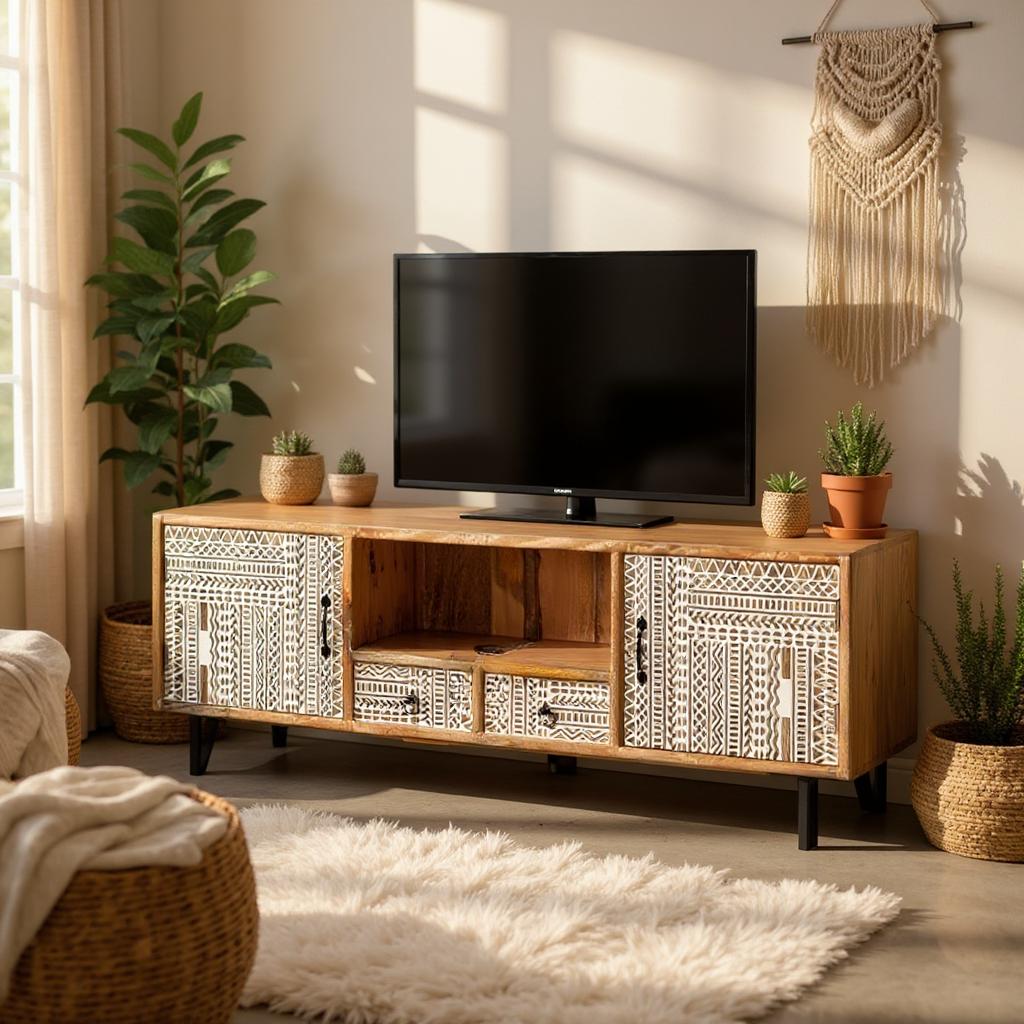 Natural Solid Wood With White Hand Carved TV Unit