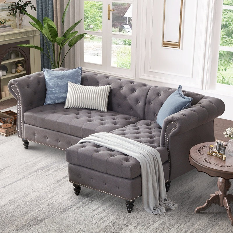 Premium Chesterfield Chaise Sofa | Custom L-Shape Tufted Upholstered Couch | Luxury Living Room Seating | Living Furn India