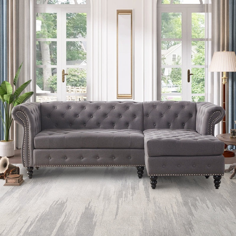 Premium Chesterfield Chaise Sofa | Custom L-Shape Tufted Upholstered Couch | Luxury Living Room Seating | Living Furn India