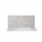 Full front view of Tabwa 3-door sideboard with intricate hand-carved geometric patterns - Living Furn India premium wooden cabinet

