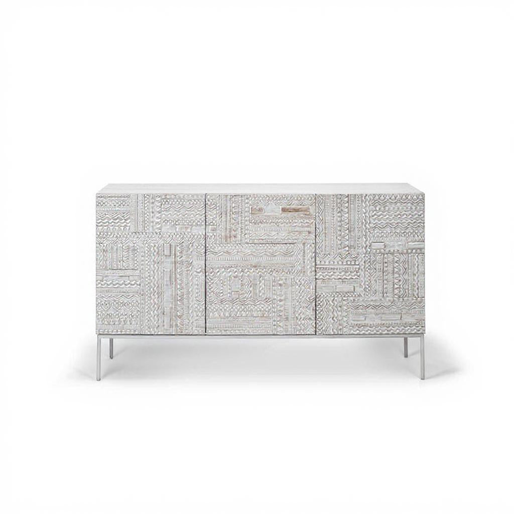 Full front view of Tabwa 3-door sideboard with intricate hand-carved geometric patterns - Living Furn India premium wooden cabinet

