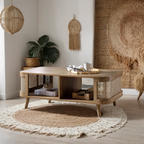 Curved Rattan & Solid Wood Coffee Table | Natural Finish | Storage Drawer | Mid-Century Modern Living Room Furniture | Living Furn India
