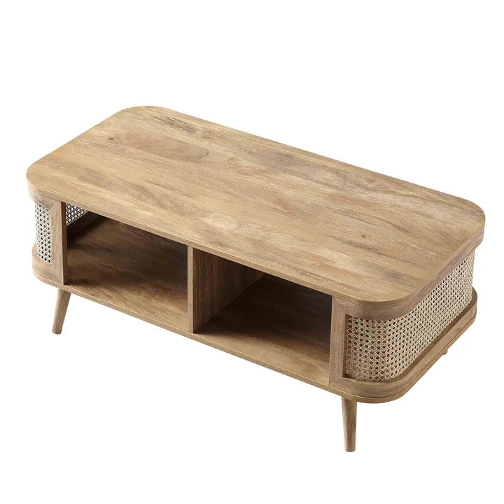 Curved Rattan & Solid Wood Coffee Table | Natural Finish | Storage Drawer | Mid-Century Modern Living Room Furniture | Living Furn India