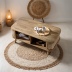 Curved Rattan & Solid Wood Coffee Table | Natural Finish | Storage Drawer | Mid-Century Modern Living Room Furniture | Living Furn India