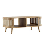 Curved Rattan & Solid Wood Coffee Table | Natural Finish | Storage Drawer | Mid-Century Modern Living Room Furniture | Living Furn India