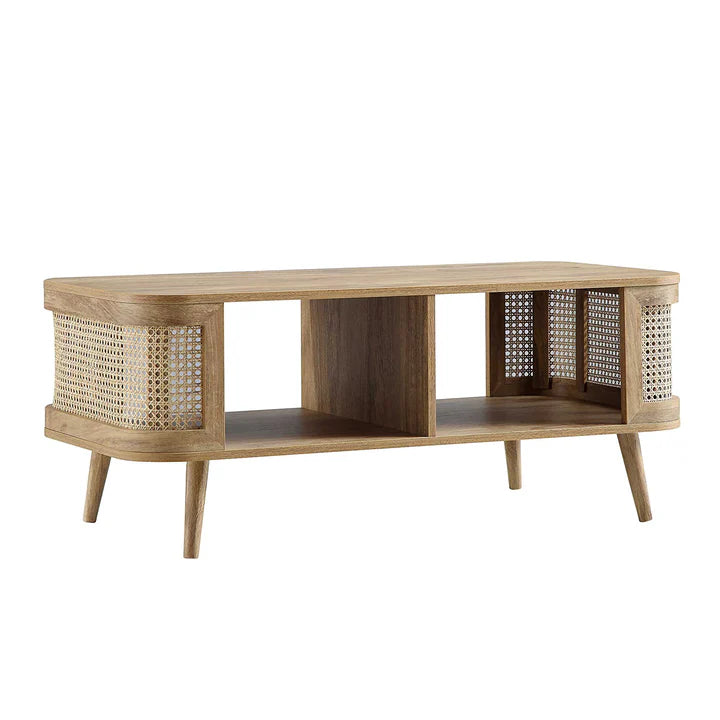 Curved Rattan & Solid Wood Coffee Table | Natural Finish | Storage Drawer | Mid-Century Modern Living Room Furniture | Living Furn India