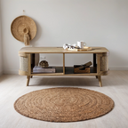 Curved Rattan & Solid Wood Coffee Table | Natural Finish | Storage Drawer | Mid-Century Modern Living Room Furniture | Living Furn India