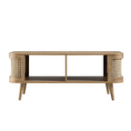 Curved Rattan & Solid Wood Coffee Table | Natural Finish | Storage Drawer | Mid-Century Modern Living Room Furniture | Living Furn India