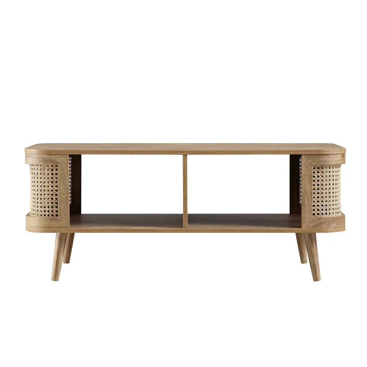 Curved Rattan & Solid Wood Coffee Table | Natural Finish | Storage Drawer | Mid-Century Modern Living Room Furniture | Living Furn India