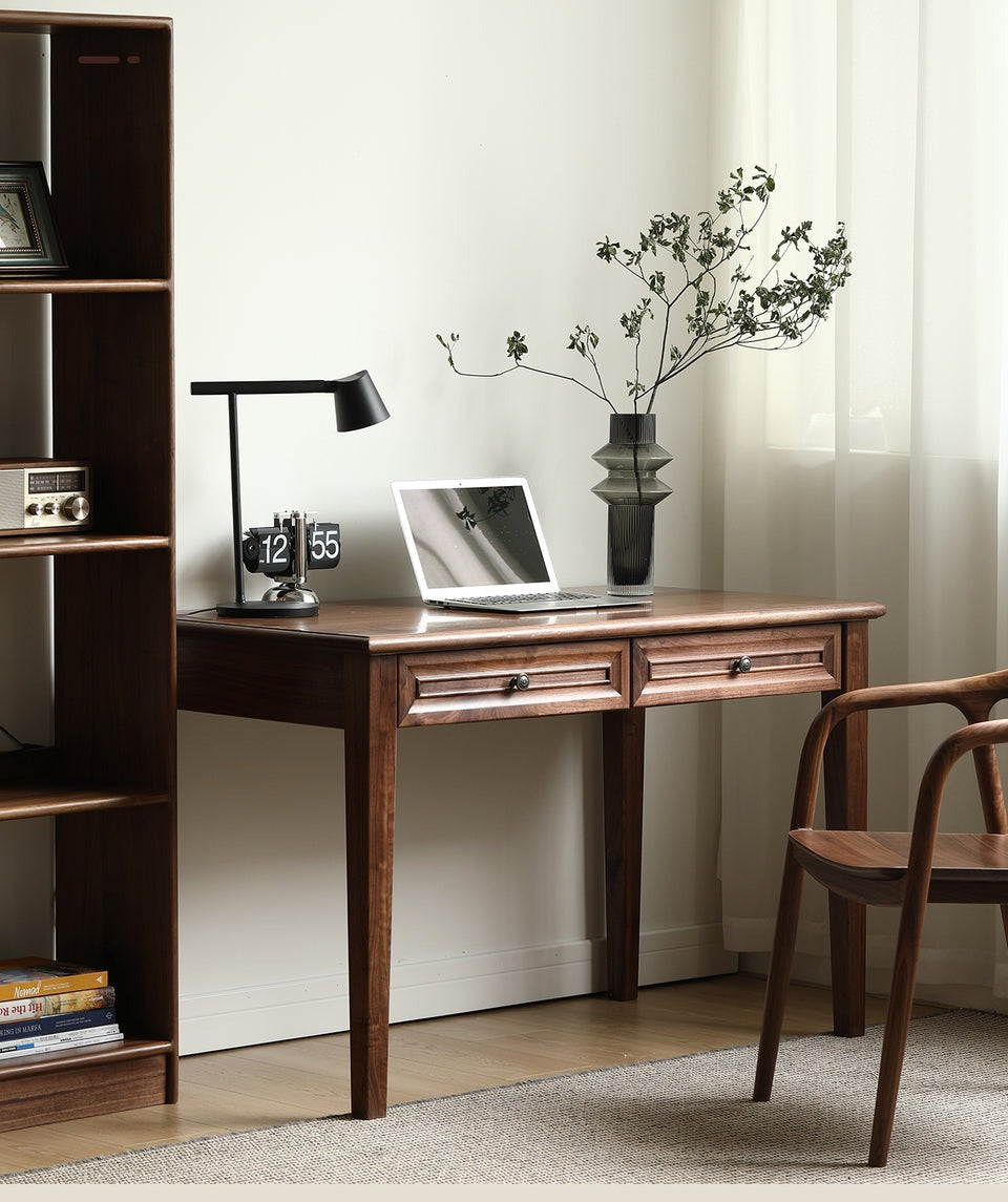 Acacia Wood 2-Drawer Writing Desk | Modern Console Table | Solid Wood Home Office Desk | Dark Finish | Living Furn India