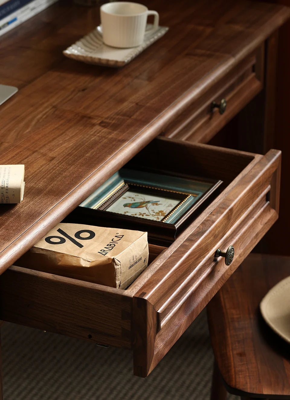 Acacia Wood 2-Drawer Writing Desk | Modern Console Table | Solid Wood Home Office Desk | Dark Finish | Living Furn India