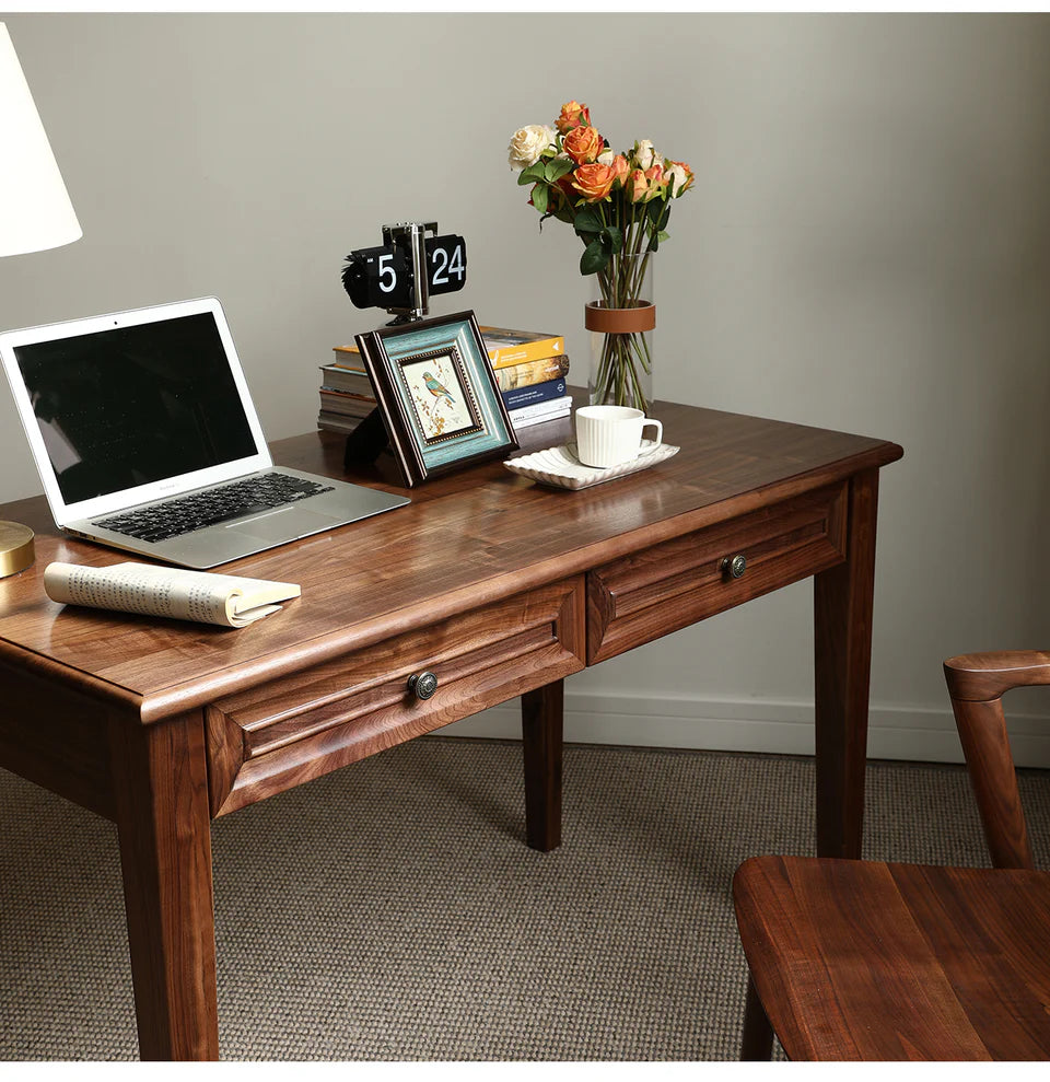 Acacia Wood 2-Drawer Writing Desk | Modern Console Table | Solid Wood Home Office Desk | Dark Finish | Living Furn India