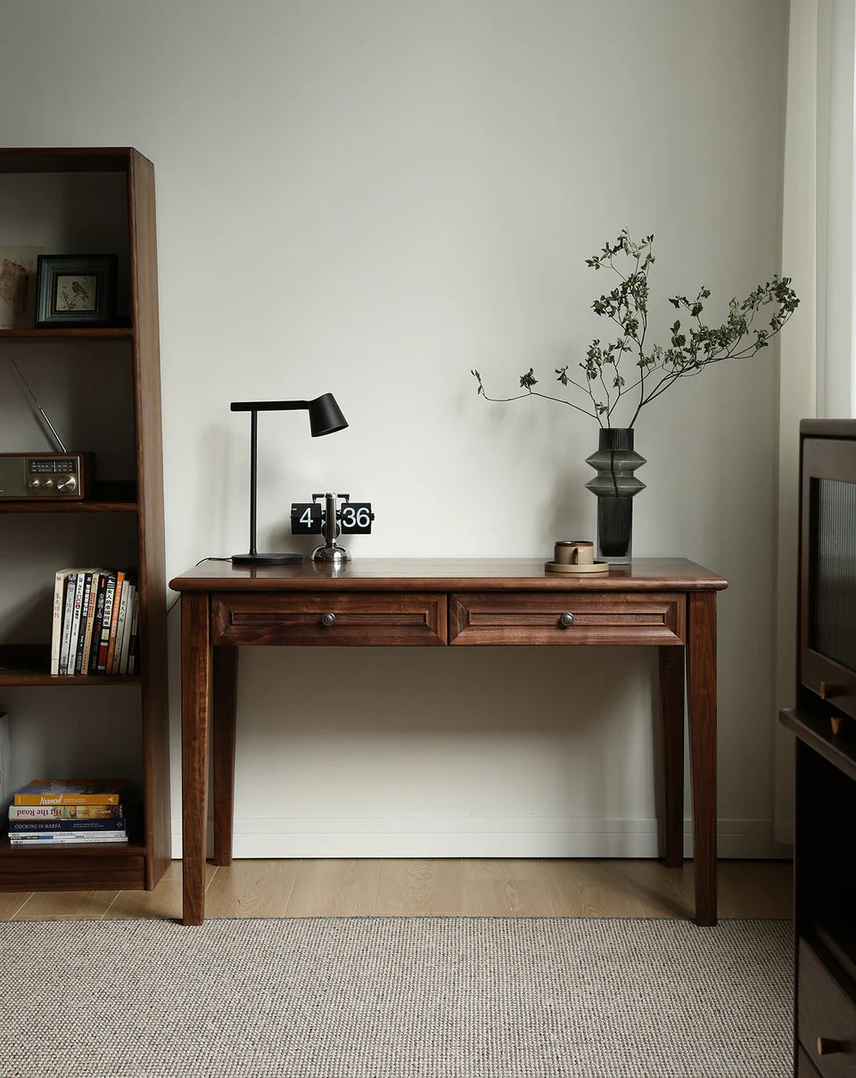 Acacia Wood 2-Drawer Writing Desk | Modern Console Table | Solid Wood Home Office Desk | Dark Finish | Living Furn India