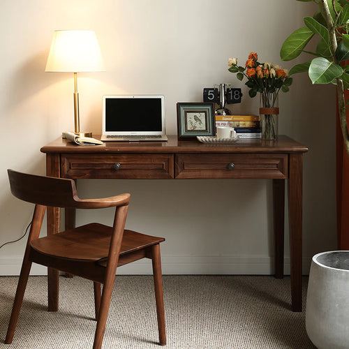 Acacia Wood 2-Drawer Writing Desk | Modern Console Table | Solid Wood Home Office Desk | Dark Finish | Living Furn India