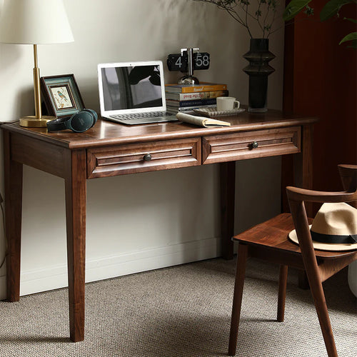 Acacia Wood 2-Drawer Writing Desk | Modern Console Table | Solid Wood Home Office Desk | Dark Finish | Living Furn India