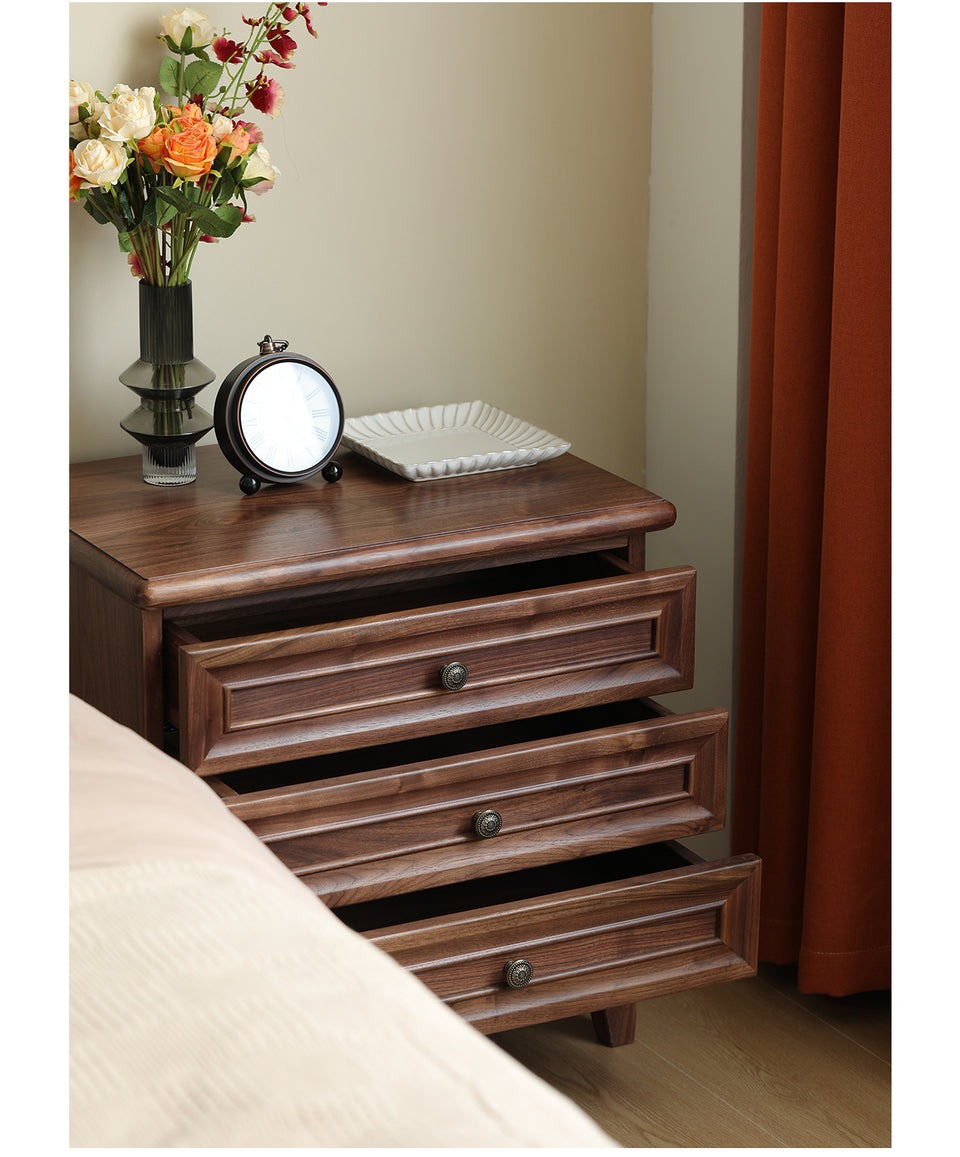 Classic Acacia Wood 3-Drawer Nightstand | Solid Wood Bedside Table | Dark Finish Bedroom Furniture | Living Furn India