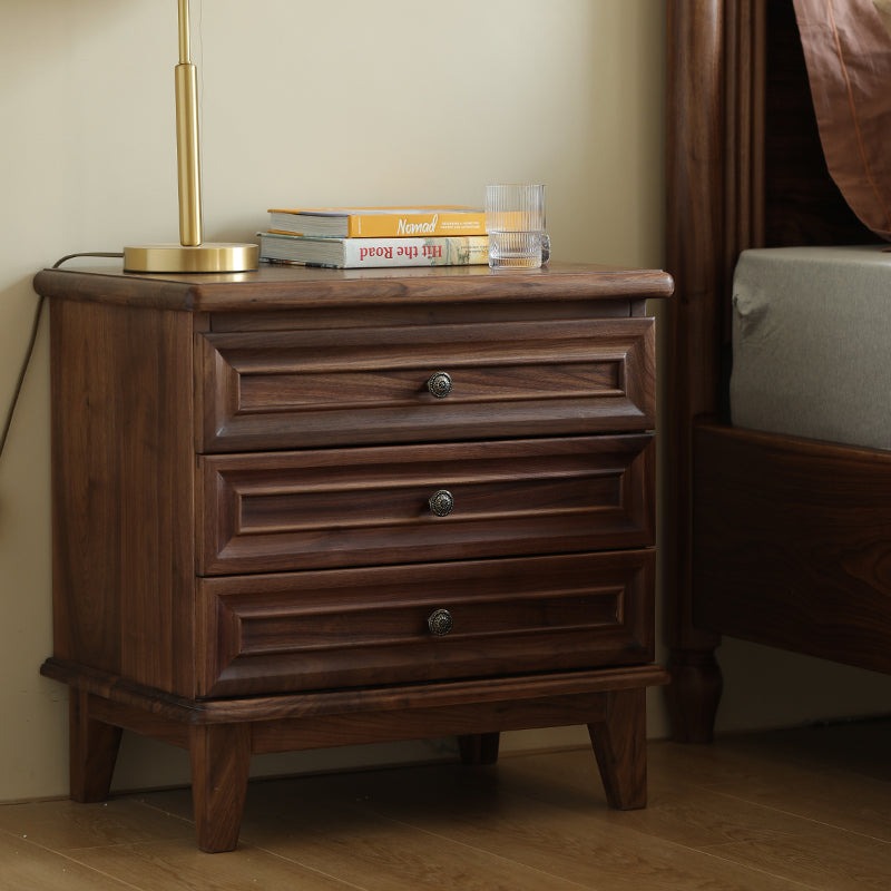 Classic Acacia Wood 3-Drawer Nightstand | Solid Wood Bedside Table | Dark Finish Bedroom Furniture | Living Furn India