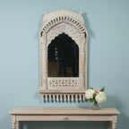 mango wood mirror, jharokha mirror, indian mirror, carved mirror, arched mirror, mehrab arch, dome canopy, palace mirror, rustic mirror, distressed white, whitewashed mirror, farmhouse decor, boho decor, global eclectic, vintage inspired, antique style, floral carving, foliate carving, scalloped arch, baluster brackets, lattice carving, turned gallery, architectural mirror, wall mirror, statement mirror, entryway mirror, living room mirror, mandir mirror, handcrafted in india, artisan made, solid wood frame