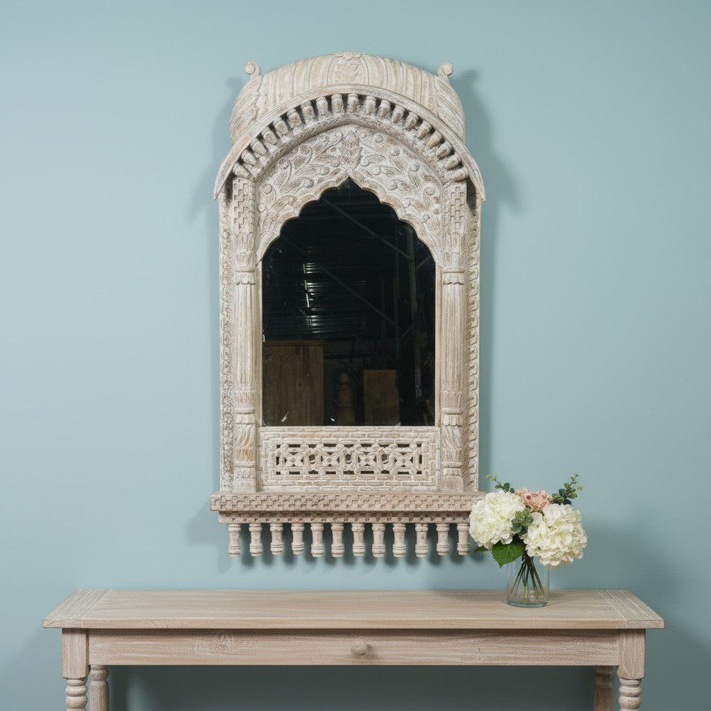 mango wood mirror, jharokha mirror, indian mirror, carved mirror, arched mirror, mehrab arch, dome canopy, palace mirror, rustic mirror, distressed white, whitewashed mirror, farmhouse decor, boho decor, global eclectic, vintage inspired, antique style, floral carving, foliate carving, scalloped arch, baluster brackets, lattice carving, turned gallery, architectural mirror, wall mirror, statement mirror, entryway mirror, living room mirror, mandir mirror, handcrafted in india, artisan made, solid wood frame