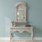 mango wood mirror, jharokha mirror, indian mirror, carved mirror, arched mirror, mehrab arch, dome canopy, palace mirror, rustic mirror, distressed white, whitewashed mirror, farmhouse decor, boho decor, global eclectic, vintage inspired, antique style, floral carving, foliate carving, scalloped arch, baluster brackets, lattice carving, turned gallery, architectural mirror, wall mirror, statement mirror, entryway mirror, living room mirror, mandir mirror, handcrafted in india, artisan made, solid wood frame