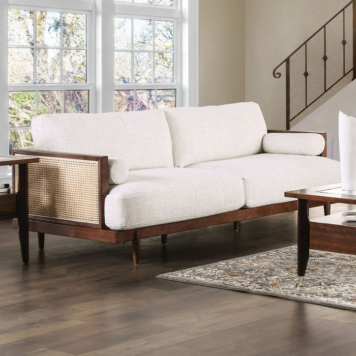 Modern Wooden Rattan Sofa | Handcrafted Cane & Wood Upholstered Couch | Mid-Century Living Room Seating | Living Furn India