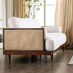Modern Wooden Rattan Sofa | Handcrafted Cane & Wood Upholstered Couch | Mid-Century Living Room Seating | Living Furn India