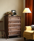 Acacia Wood 5-Drawer Dresser | Tall Chest | Solid Wood Bedroom Furniture | Dark Finish | Living Furn India