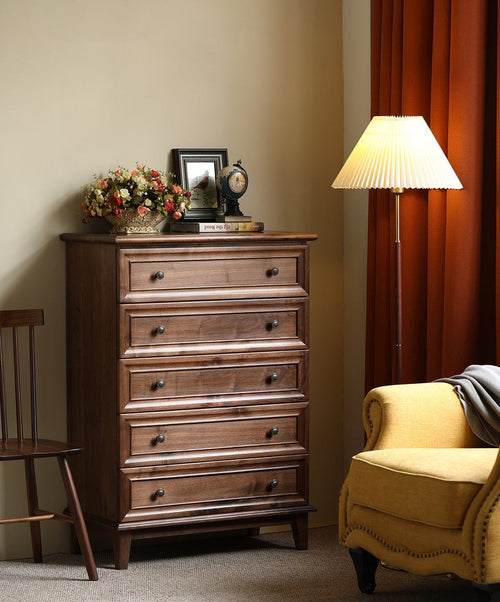Acacia Wood 5-Drawer Dresser | Tall Chest | Solid Wood Bedroom Furniture | Dark Finish | Living Furn India