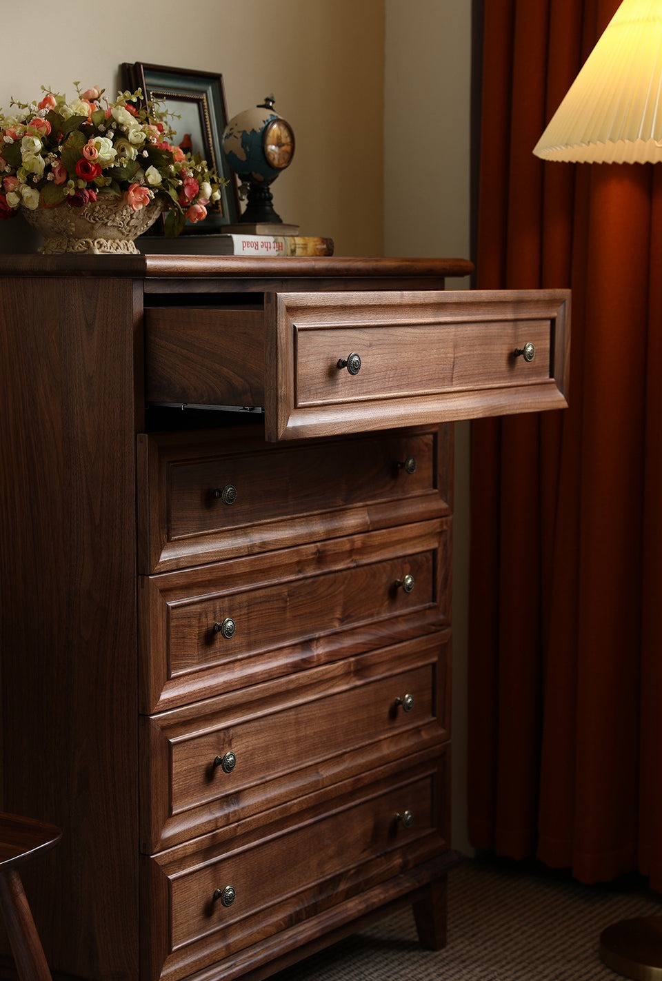 Acacia Wood 5-Drawer Dresser | Tall Chest | Solid Wood Bedroom Furniture | Dark Finish | Living Furn India