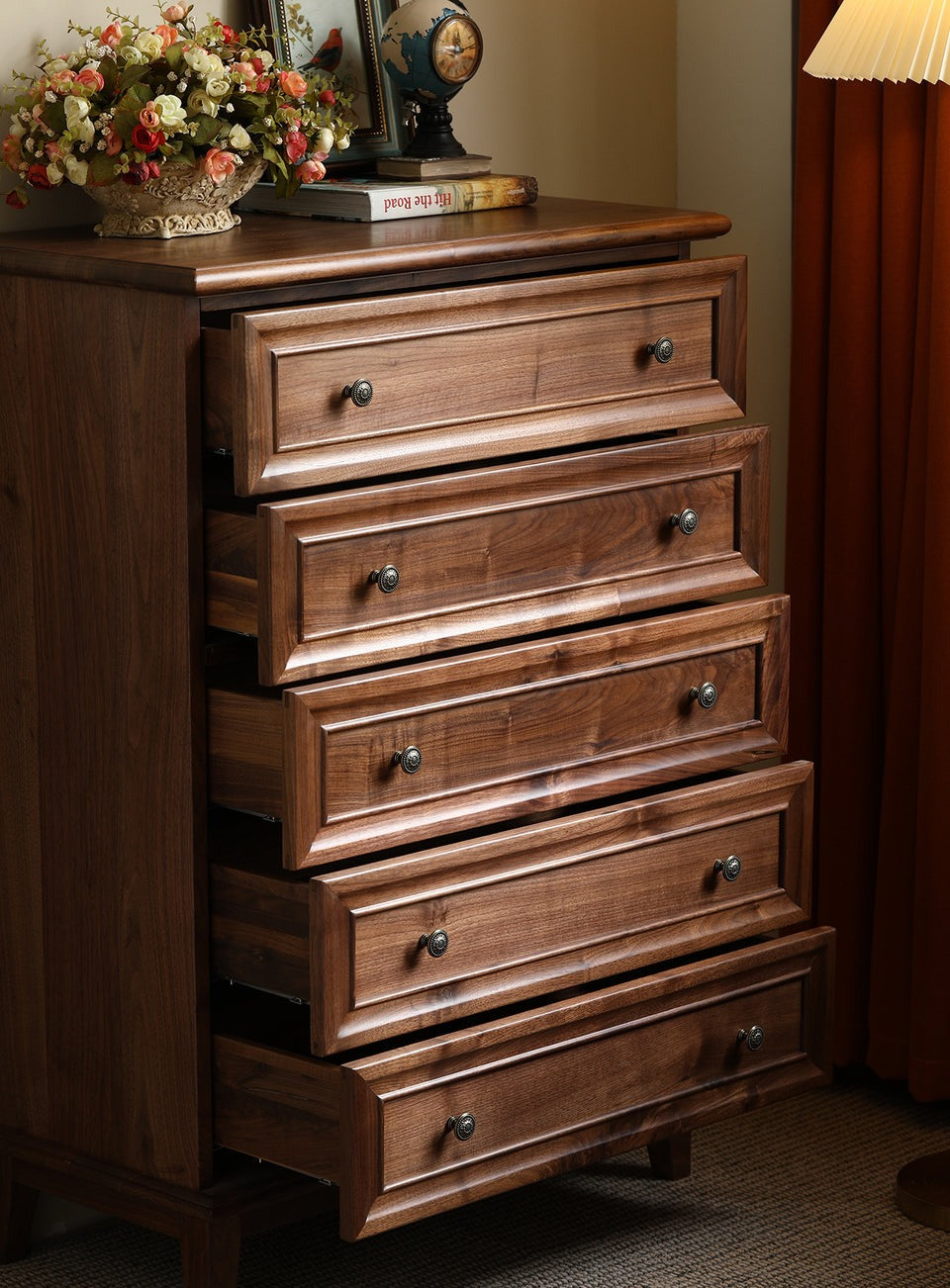Acacia Wood 5-Drawer Dresser | Tall Chest | Solid Wood Bedroom Furniture | Dark Finish | Living Furn India