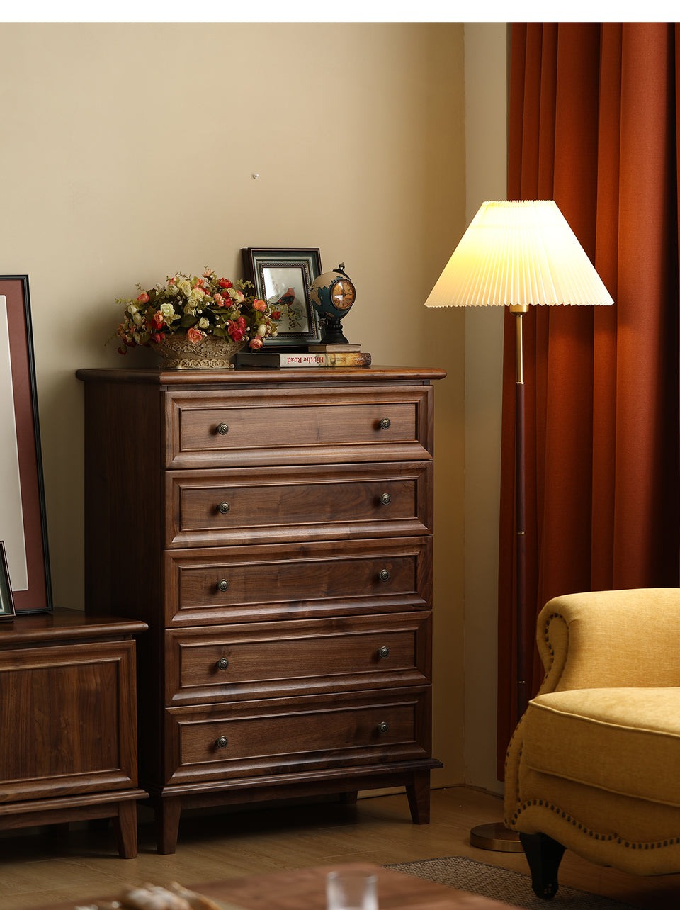 Acacia Wood 5-Drawer Dresser | Tall Chest | Solid Wood Bedroom Furniture | Dark Finish | Living Furn India