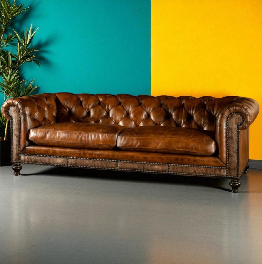 Monarch Legacy Dark Brown Chesterfield Sofa – Handcrafted Buffalo Leather 3-Seater by Living Furn India