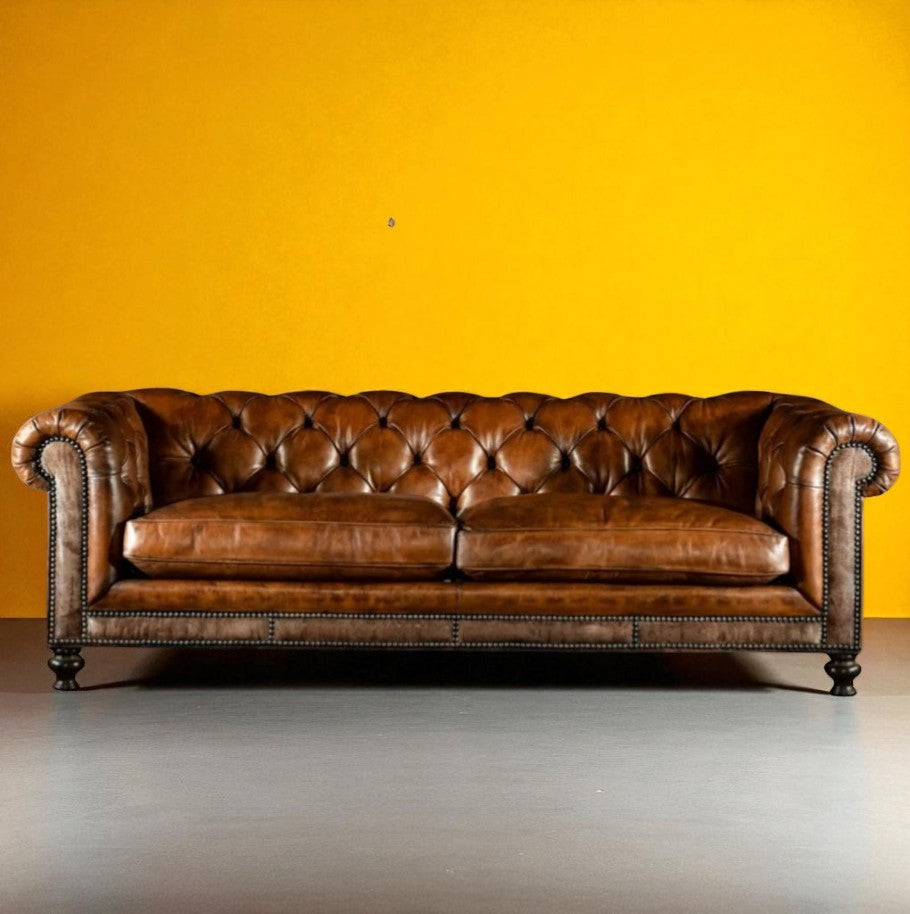 Monarch Legacy Dark Brown Chesterfield Sofa – Handcrafted Buffalo Leather 3-Seater by Living Furn India