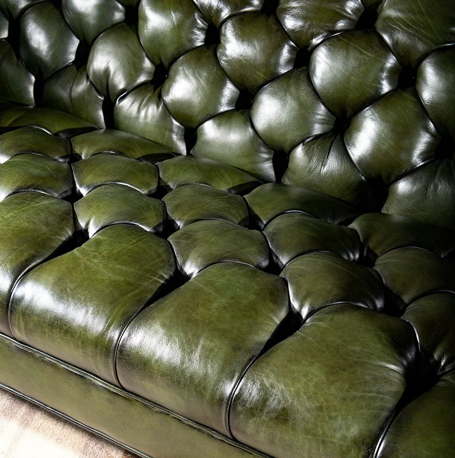 Windsor Olive Green Chesterfield 3-Seater Sofa – Handcrafted Buffalo Leather by Living Furn India