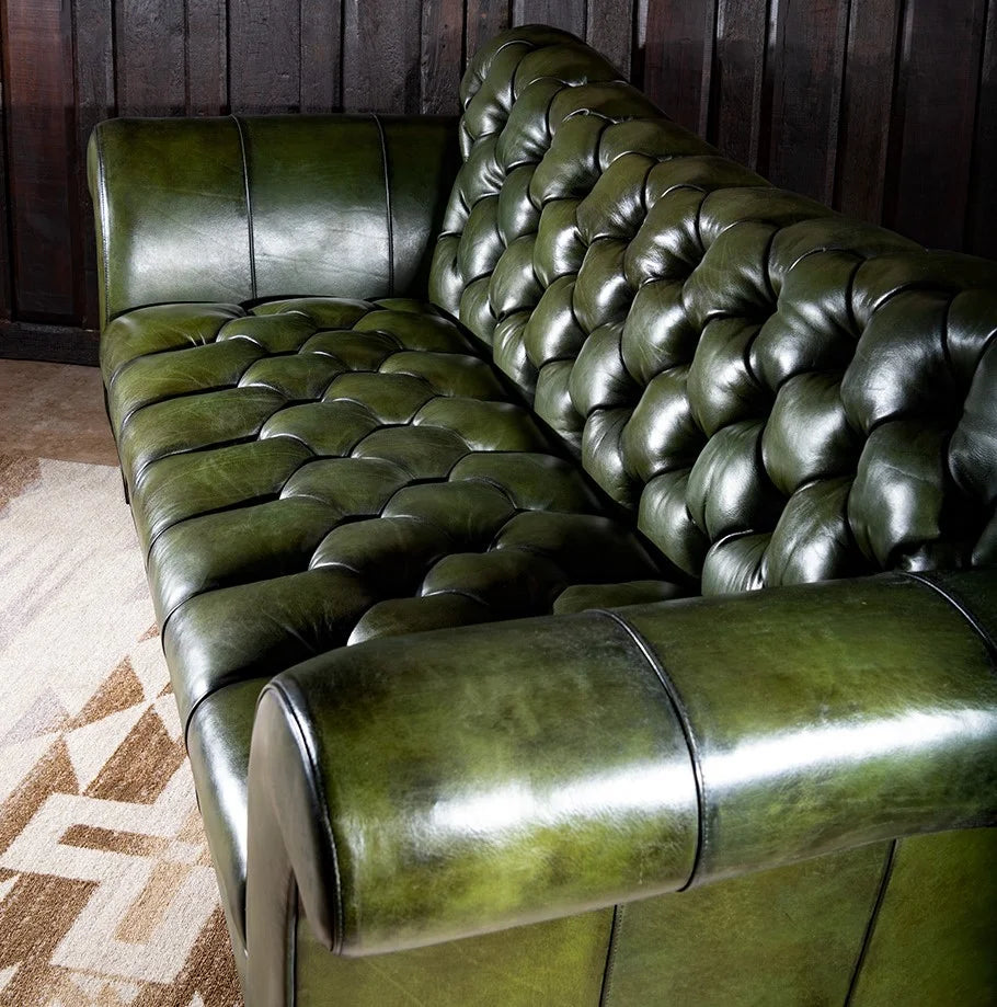 Windsor Olive Green Chesterfield 3-Seater Sofa – Handcrafted Buffalo Leather by Living Furn India