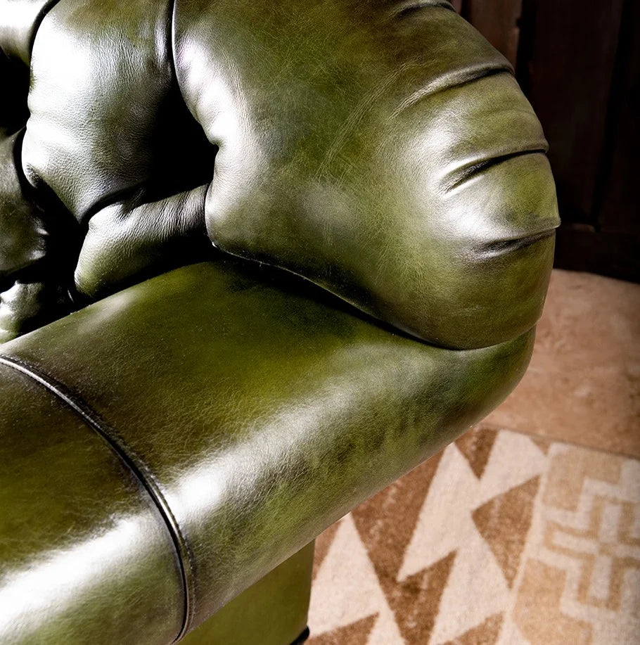 Windsor Olive Green Chesterfield 3-Seater Sofa – Handcrafted Buffalo Leather by Living Furn India