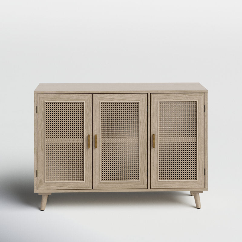 Natural Mango Wood & Rattan 3-Door Console Cabinet | Boho Chic Sideboard | Cane Storage Unit | Living Furn India