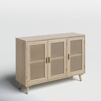Natural Mango Wood & Rattan 3-Door Console Cabinet | Boho Chic Sideboard | Cane Storage Unit | Living Furn India