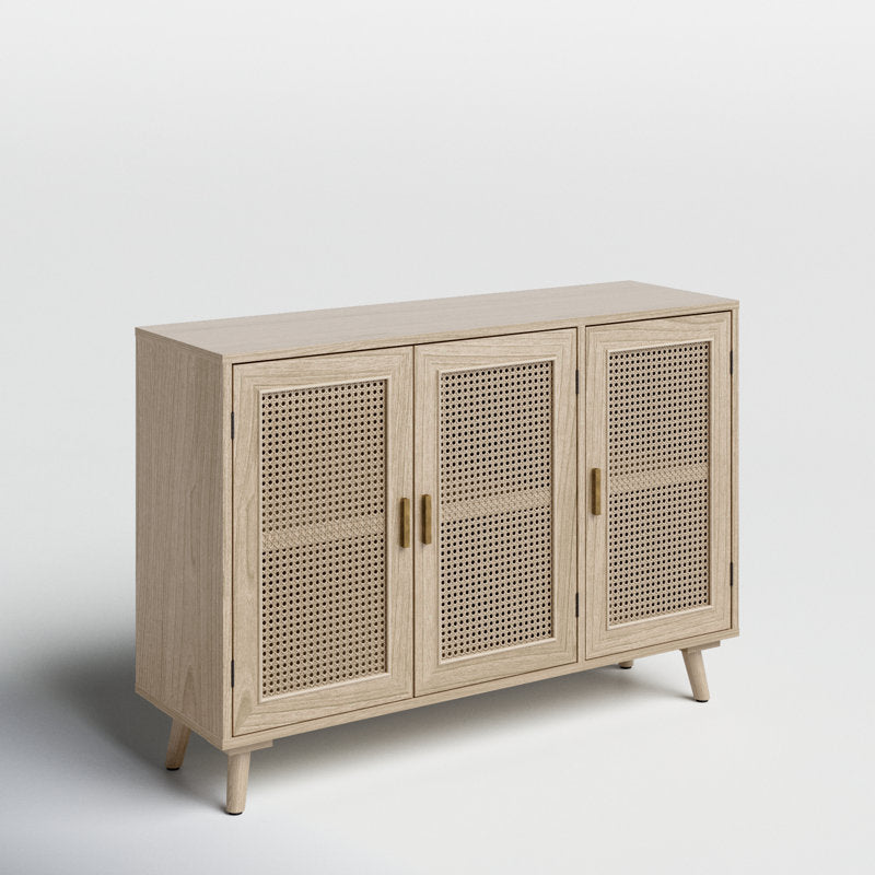 Natural Mango Wood & Rattan 3-Door Console Cabinet | Boho Chic Sideboard | Cane Storage Unit | Living Furn India